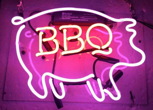 Light Up BBQ Open Pig Pork Sign - Vintage style Handmade Glass Neon Lamps - Bar/Business Logo decor 14"x10"