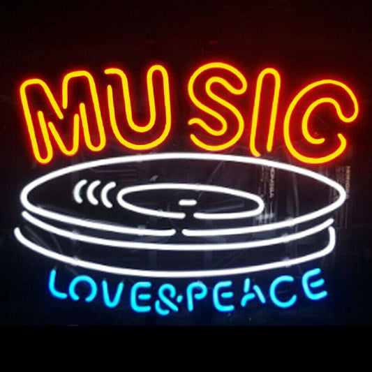 Light Up Music Love And Peace Records Sign - Vintage style Handmade Glass Neon Lamps - Bar/Business Logo decor 19"x15"