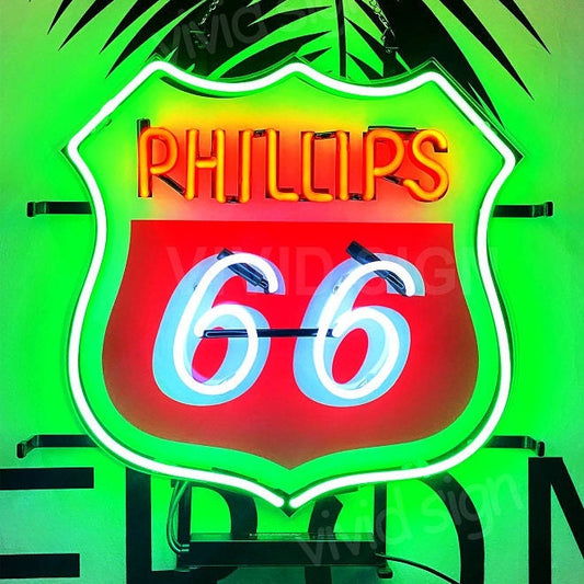 Light Up Phillips 66 Route Gasoline Gas Oil Sign - Vintage style Handmade Glass Neon Lamps - Bar/Business Logo decor 16"x16"