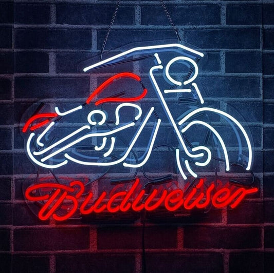 Light Up Budweiser Beer Motorcycle Motorbike Acrylic Sign - Vintage style Handmade Glass Neon Lamps - Bar/Business Logo decor 20"x16"