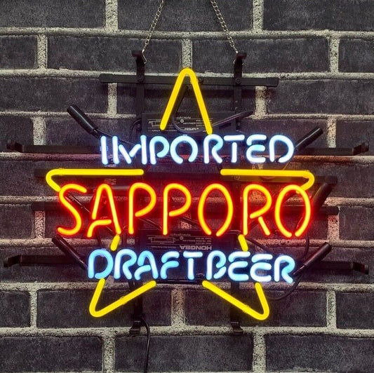 Light Up Sapporo Imported Draft Beer Sign - Vintage style Handmade Glass Neon Lamps - Bar/Business Logo decor 17"x14"