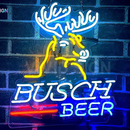 Light Up Deer Stag Antlers Busch Beer Hunters Sign - Vintage style Handmade Glass Neon Lamps - Bar/Business Logo decor 20"x16"