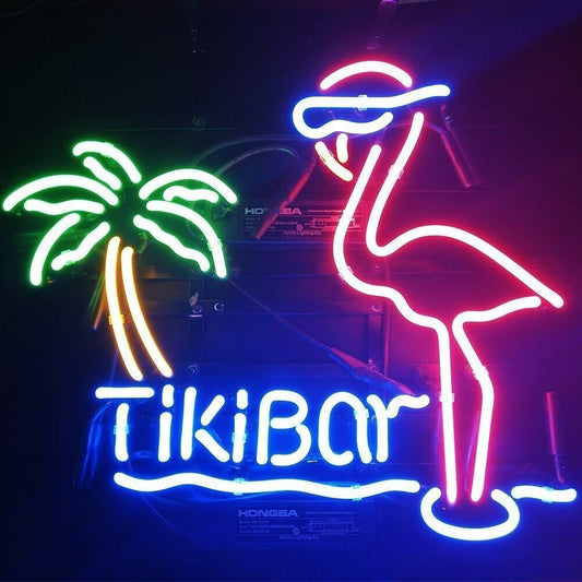 Light Up Tiki Bar Pink Flamingo Palm Tree Ocean Sign - Vintage style Handmade Glass Neon Lamps - Bar/Business Logo decor 20"x16"