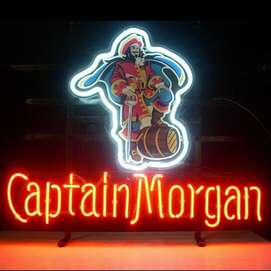 Light Up Captain Morgan Pirate Rum Sign - Vintage style Handmade Glass Neon Lamps - Bar/Business Logo decor 19"x15"