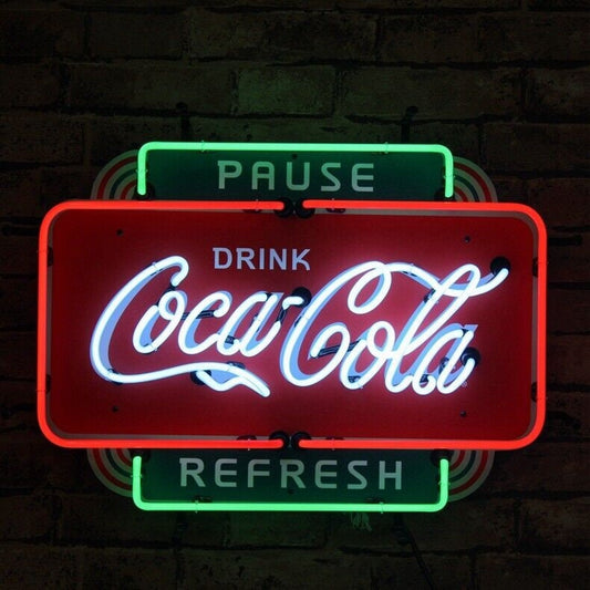 Light Up Coca Cola Pause Drink Refresh Coke Sign - Vintage style Handmade Glass Neon Lamps - Bar/Business Logo decor 20"x16"