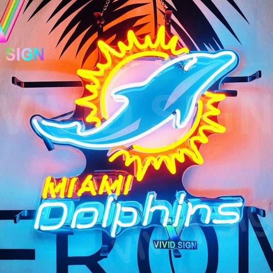 Light Up Dolphins Sports Sign - Vintage style Handmade Glass Neon Lamps - Bar/Business Logo decor 20"