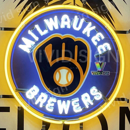 Light Up Brewers Sports Glove Baseball Sign - Vintage style Handmade Glass Neon Lamps - Bar/Business Logo decor 17"x17"