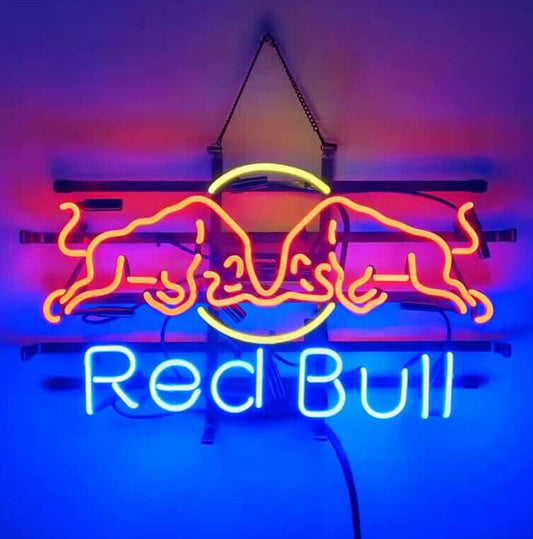 Light Up Red Bull Energy Drink Sign - Vintage style Handmade Glass Neon Lamps - Bar/Business Logo decor 24"x15"