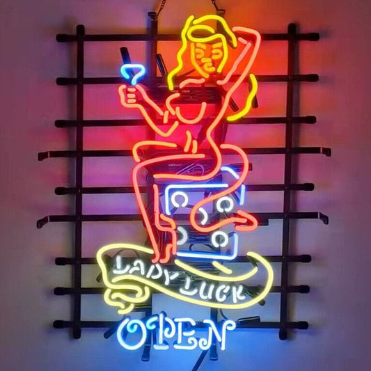 Light Up Lady Luck Casino Open Gambling Sign - Vintage style Handmade Glass Neon Lamps - Bar/Business Logo decor 24"x20"