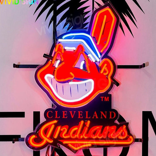 Light Up Indians Sports Wahoo Baseball Chief Sign - Vintage style Handmade Glass Neon Lamps - Bar/Business Logo decor 20"x15"