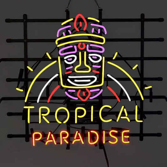 Light Up Tropical Paradise Tiki Hut Shop Display Sign - Vintage style Handmade Glass Neon Lamps - Bar/Business Logo decor 24"x20"