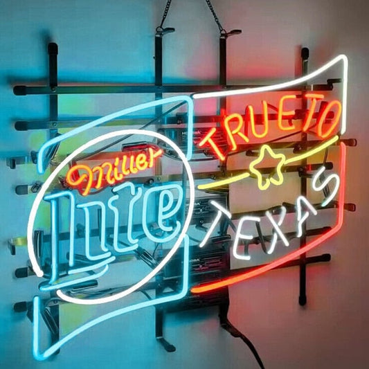 Light Up Miller Lite Beer True To Texas Star Flag Sign - Vintage style Handmade Glass Neon Lamps - Bar/Business Logo decor 24"x20"