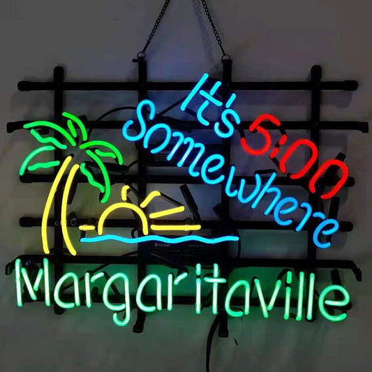 Light Up It's 5:00 Somewhere Margaritaville Parrot Beach Sign - Vintage style Handmade Glass Neon Lamps - Bar/Business Logo decor 19"x15"