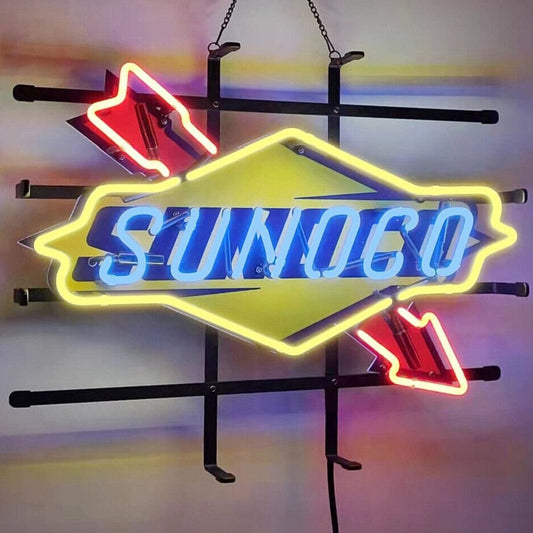 Light Up Sunoco Gas Station Motor Oil Car Auto Sign - Vintage style Handmade Glass Neon Lamps - Bar/Business Logo decor 19"x15"