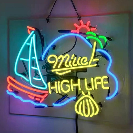 Light Up Miller High Life Sailboat Beach Shells Neon Sign - Vintage style Handmade Glass Neon Lamps - Bar/Business Logo decor 19"x15"