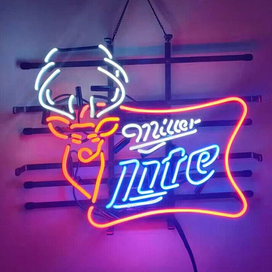 Light Up Miller Lite Beer Brew Lager Deer Stag Neon Sign - Vintage style Handmade Glass Neon Lamps - Bar/Business Logo decor 19"x15"