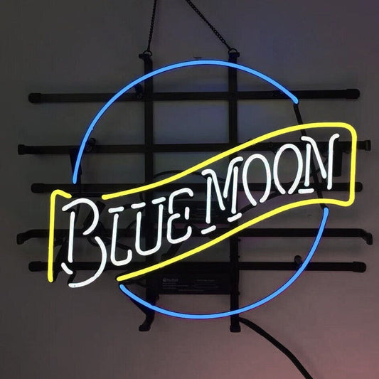 Light Up Blue Moon Beer Lager Sign - Vintage style Handmade Glass Neon Lamps - Bar/Business Logo decor 19"x15"