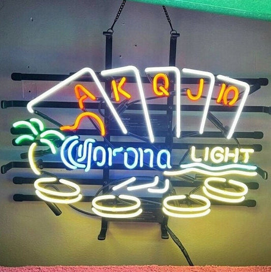 Light Up Corona Light Poker Card Beer Casino Sign - Vintage style Handmade Glass Neon Lamps - Bar/Business Logo decor 24"x20"