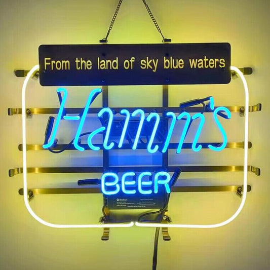 Light Up Hamm's Beer Blue Waters Sign - Vintage style Handmade Glass Neon Lamps - Bar/Business Logo decor 19"x15"