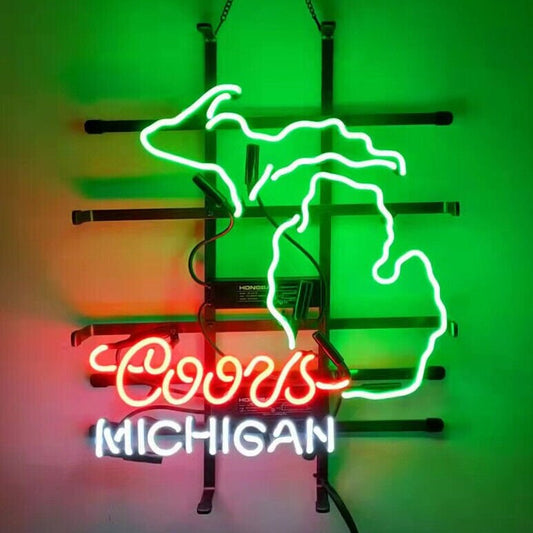 Light Up Coors Light Beer Michigan Map State Sign - Vintage style Handmade Glass Neon Lamps - Bar/Business Logo decor 19"x15"