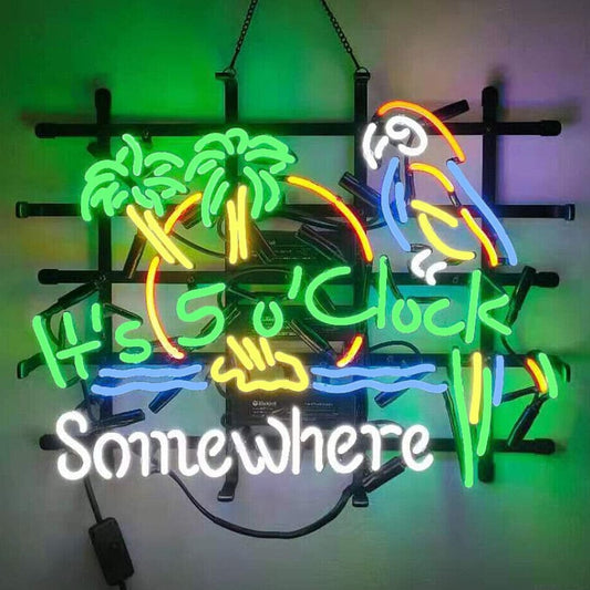 Light Up It's 5:00 Somewhere Margaritaville Parrot Beach Sign - Vintage style Handmade Glass Neon Lamps - Bar/Business Logo decor 19"x15"