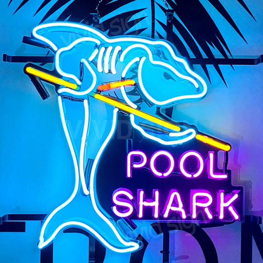 Light Up Pool Shark Billiards Fish Game Room Neon Sign - Vintage style Handmade Glass Neon Lamps - Bar/Business Logo decor 17"