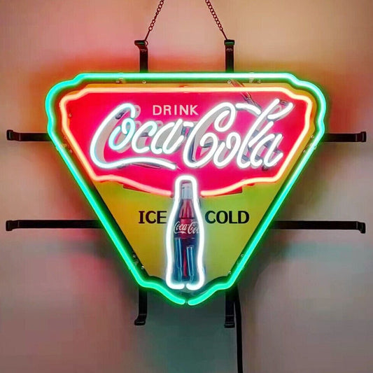 Light Up Coca Cola Bottle Ice Cold Neon Sign - Vintage style Handmade Glass Neon Lamps - Bar/Business Logo decor 19"x15"