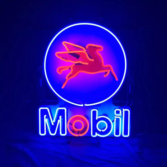 Light Up Mobil Pegasus Oil Gasoline Sign - Vintage style Handmade Glass Neon Lamps - Bar/Business Logo decor 19"