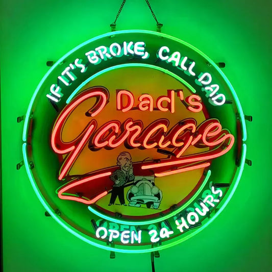 Light Up Dad's Garage If it's broke, open 24 hours Sign - Vintage style Handmade Glass Neon Lamps - Bar/Business Logo decor 24"